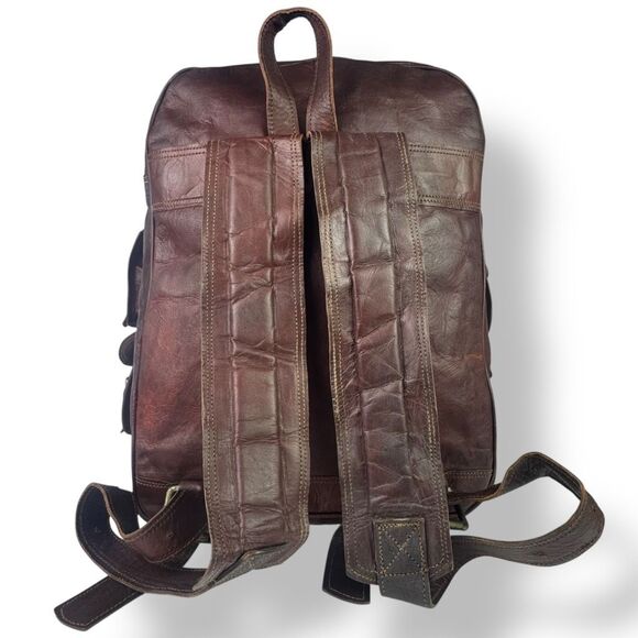 Vintage Distressed Handmade Rugged Rustic Brown Buffalo Leather Backpack Bag - Picture 5 of 11